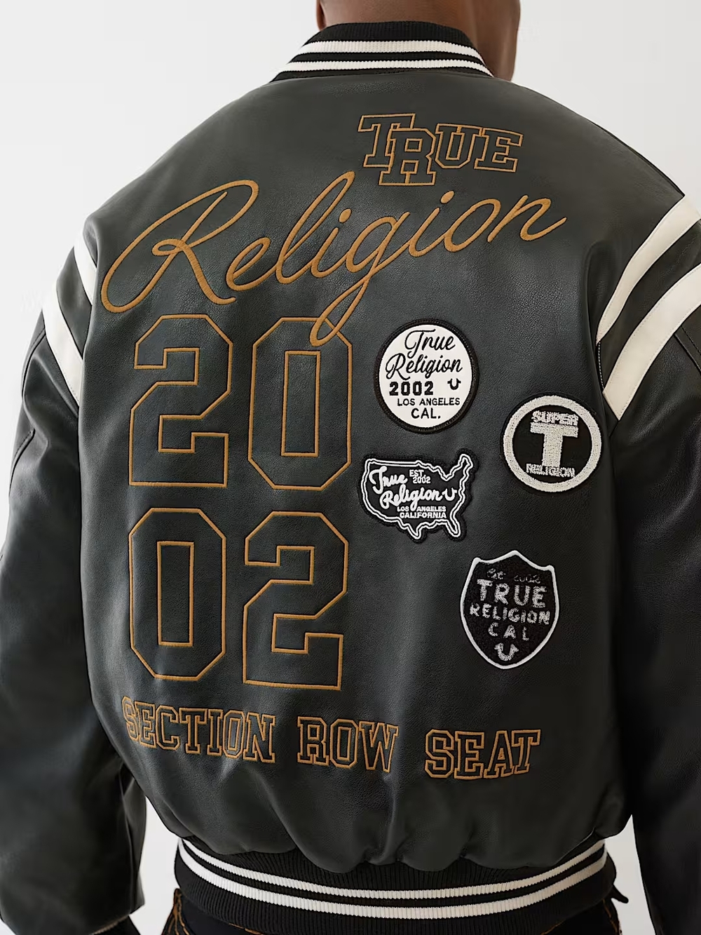 *New* True Religion Black Leather Varsity Jacket with Gold Embroidery Size XXS